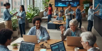 Diverse Americans engaged with digital technology, symbolizing inclusive digital literacy