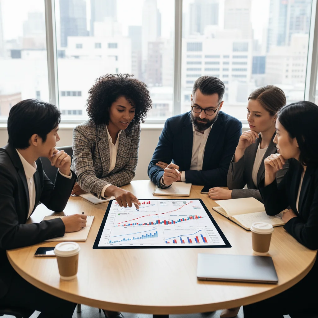 People analyzing financial charts, discussing economic forecasts