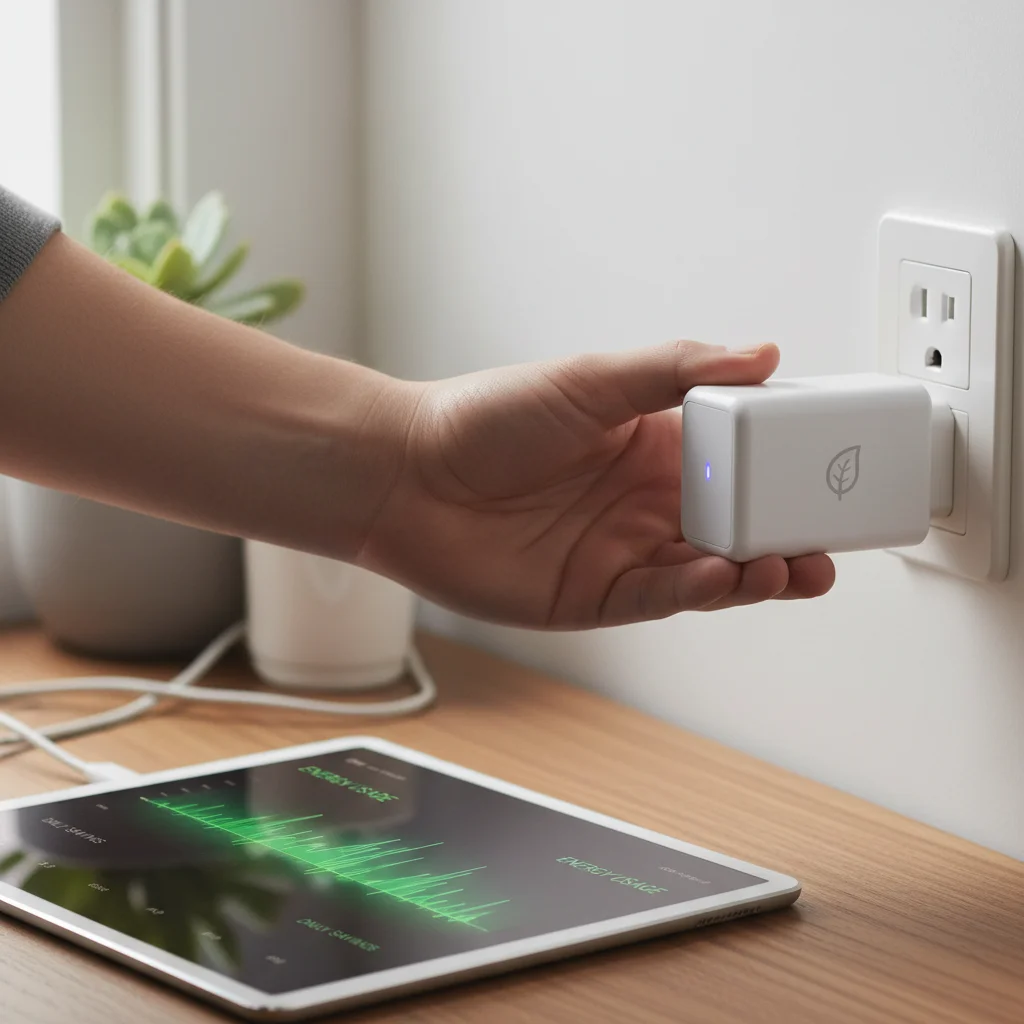 Hand plugging smart energy-saving device into outlet.