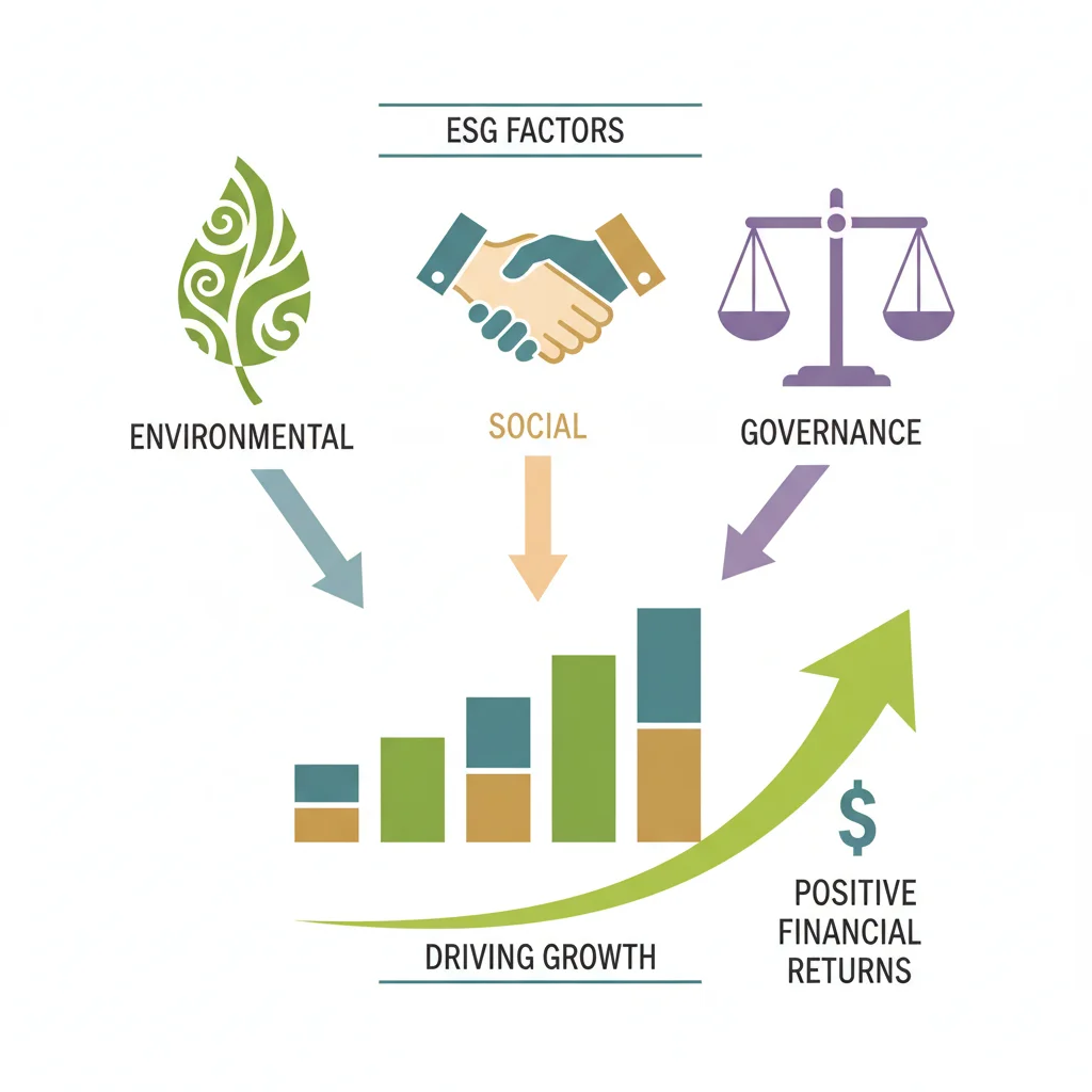 Infographic depicting environmental, social, and governance factors driving financial growth.