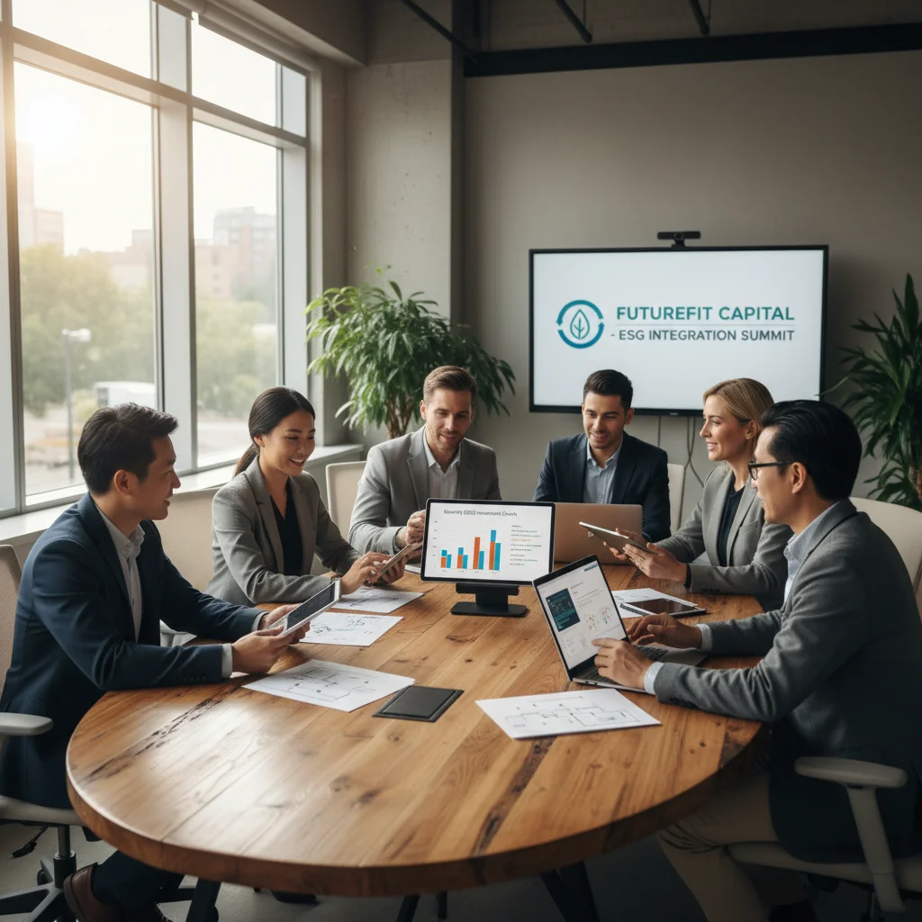 Financial professionals analyzing ESG investment data and sustainability reports.