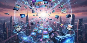 The Art of Storytelling: How 90% of American Media Consumption is Evolving by 2026 Futuristic media landscape showing interconnected streaming, social media, and VR devices, symbolizing evolving American media consumption by 2026.