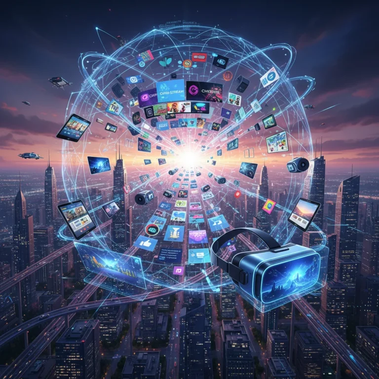 Futuristic media landscape showing interconnected streaming, social media, and VR devices, symbolizing evolving American media consumption by 2026.