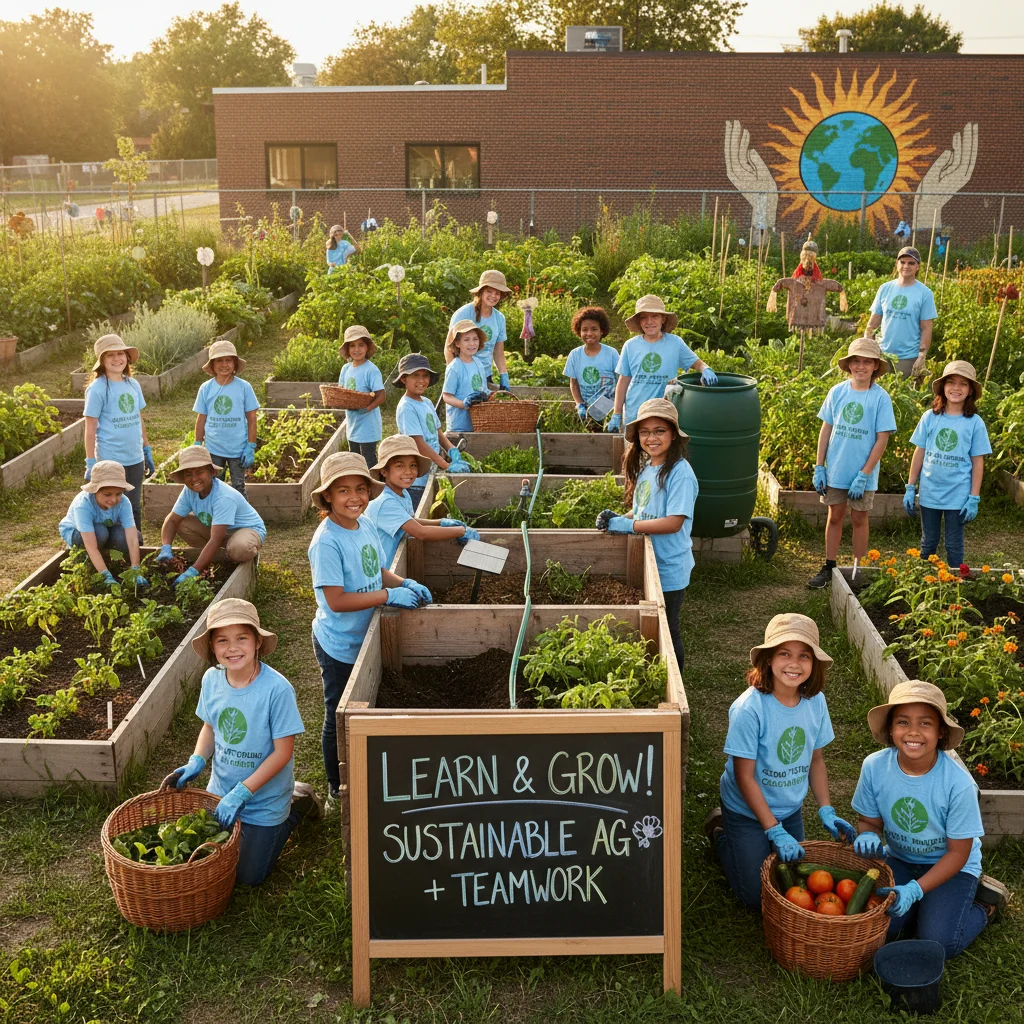 Students engaged in a community garden, learning through hands-on experience and collaboration.
