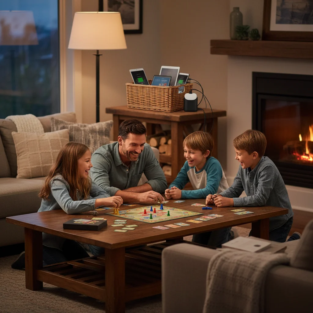 Family engaging in screen-free activities, with devices stored in a digital basket, fostering real-world connection.
