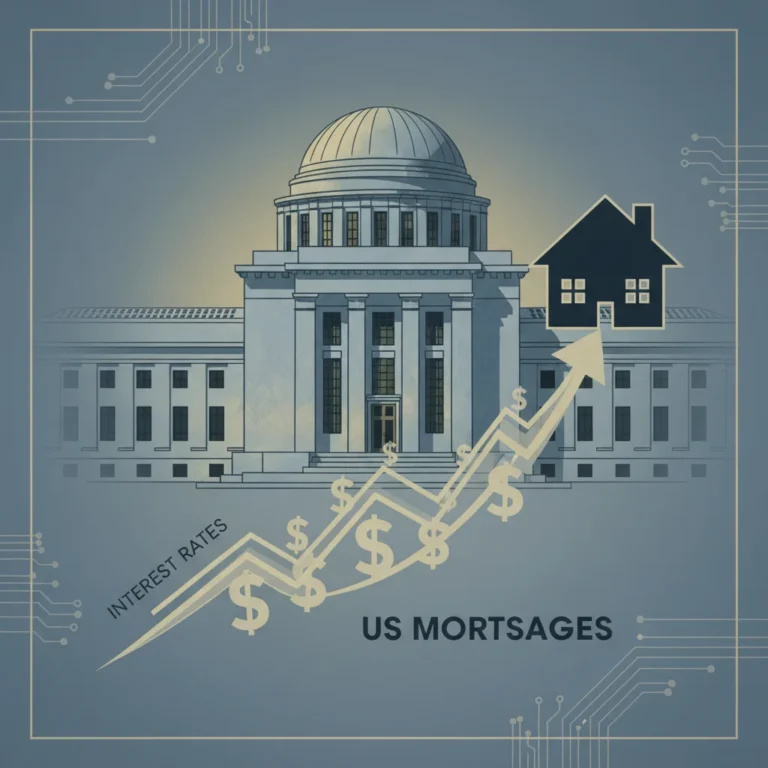 Federal Reserve building with rising interest rate graph and housing market impact