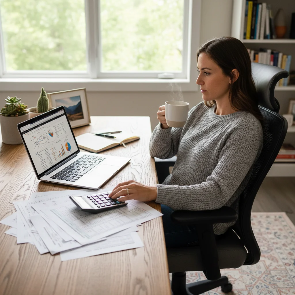 Individual thoughtfully reviewing financial documents and planning finances in a home office setting, representing independent work financial management.