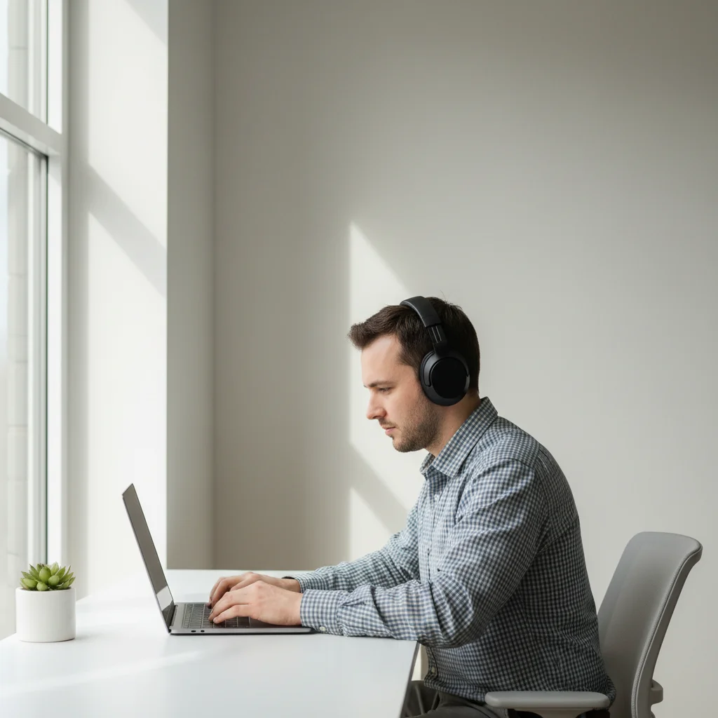 Individual focused on laptop in a minimalist, distraction-free home office.