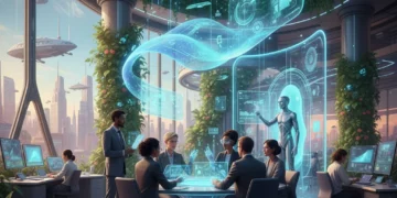 Diverse professionals collaborating in a futuristic office with AI and sustainable tech, representing the future of work.
