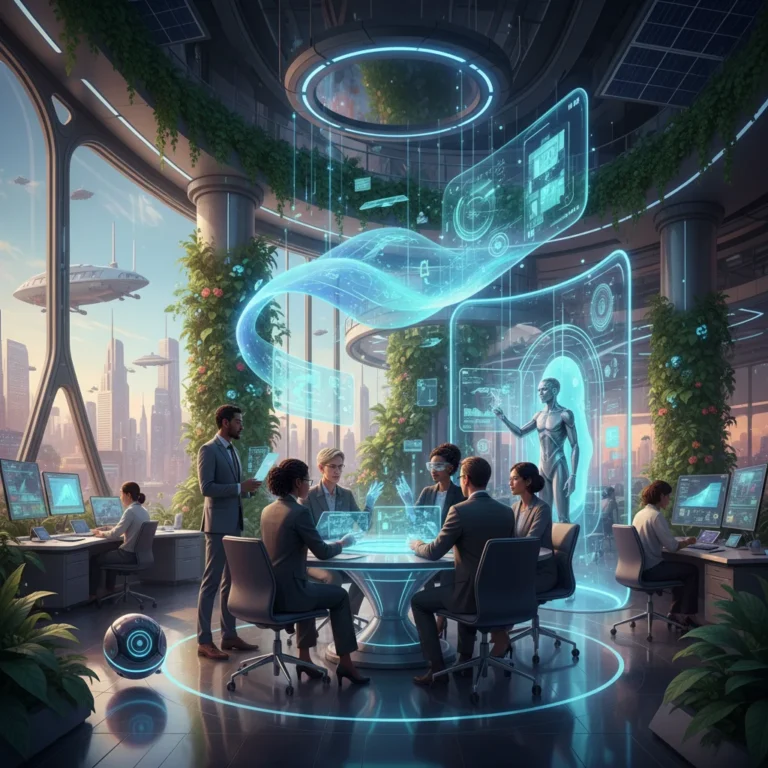 Diverse professionals collaborating in a futuristic office with AI and sustainable tech, representing the future of work.