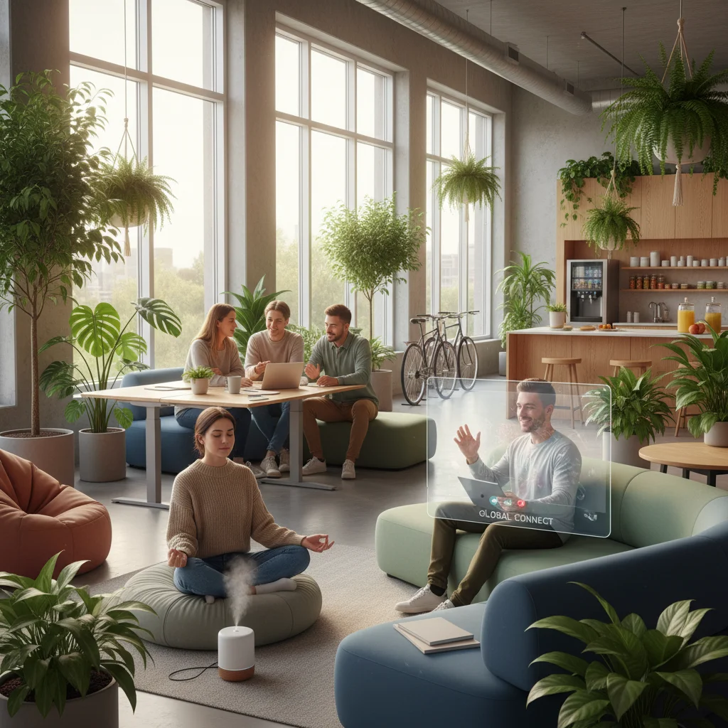 Young professionals in a modern, collaborative office, highlighting flexible work and well-being.
