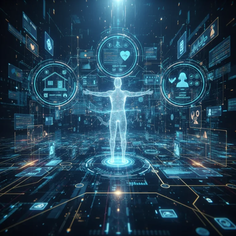 Futuristic digital landscape with personalized AI applications