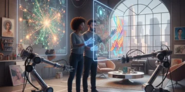 Futuristic American artist studio with AI collaboration in 2026.