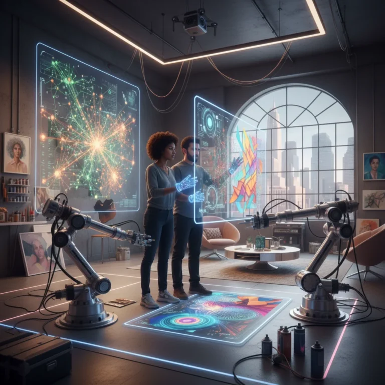 Futuristic American artist studio with AI collaboration in 2026.
