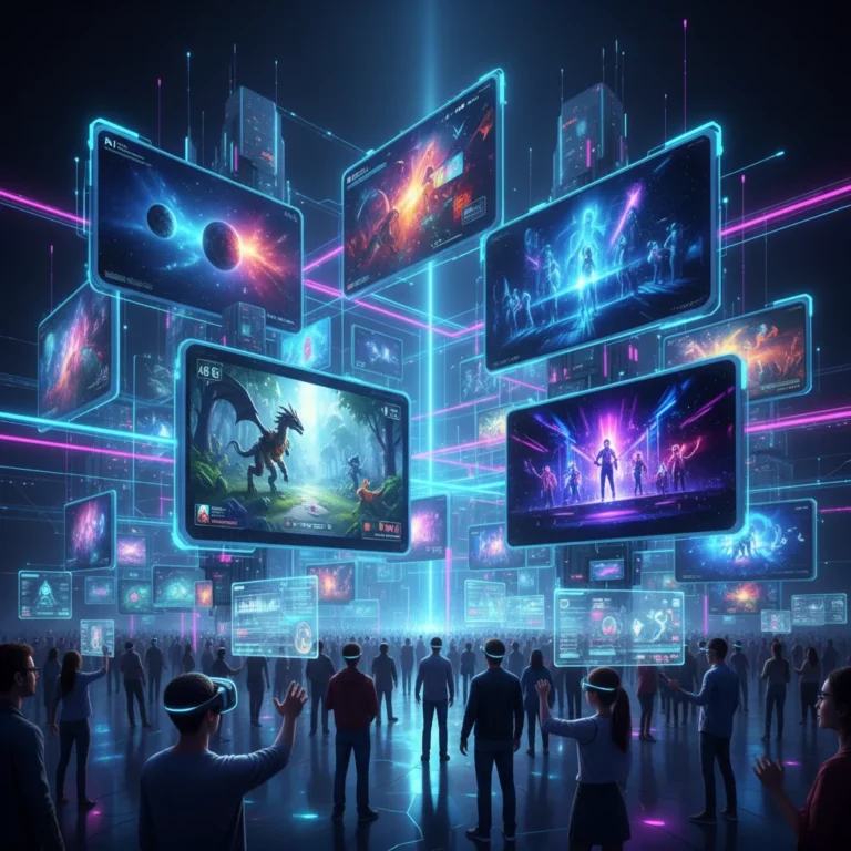 Futuristic digital entertainment landscape with streaming, VR, and AI content