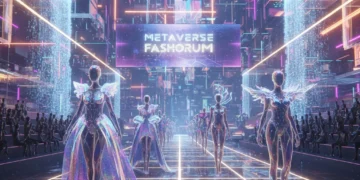 Digital Fashion Trends 2026: Metaverse, AI, and Sustainability Futuristic digital fashion show in metaverse, avatars on glowing runway, virtual garments