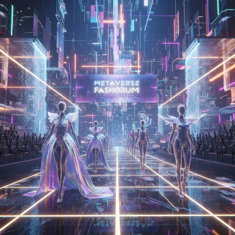 Futuristic digital fashion show in metaverse, avatars on glowing runway, virtual garments