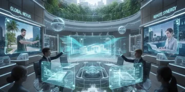 Futuristic digital workspace with holographic interfaces and remote collaboration