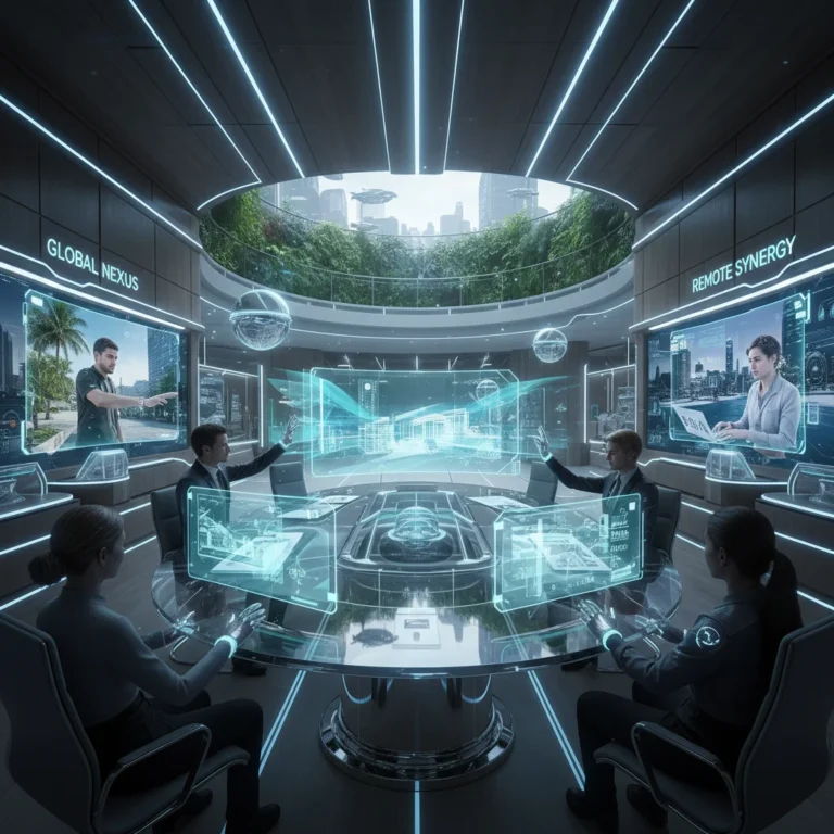 Futuristic digital workspace with holographic interfaces and remote collaboration