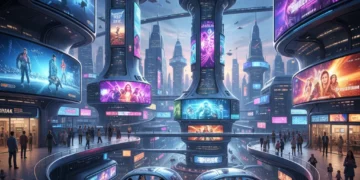 American Entertainment: 4 New Consumption Patterns in 2026 Futuristic cityscape with holographic entertainment displays, symbolizing evolving media consumption.