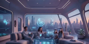 Smart Home Integration 2026: Seamless Digital Lifestyle Solutions Futuristic living room with integrated smart home technology and family.