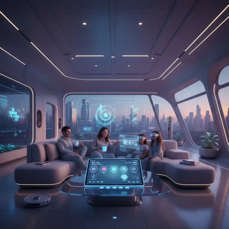 Futuristic living room with integrated smart home technology and family.