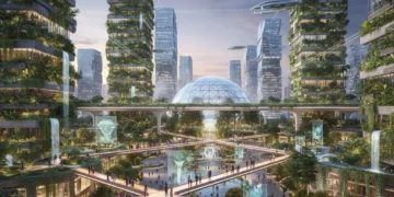 Futuristic urban landscape with green infrastructure and smart city elements.
