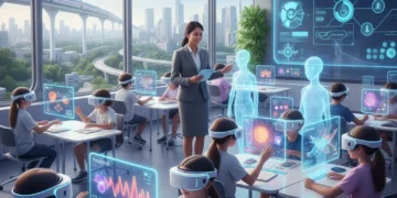 Students learning with advanced technology in a modern US K-12 classroom, featuring VR, AI, and interactive displays.