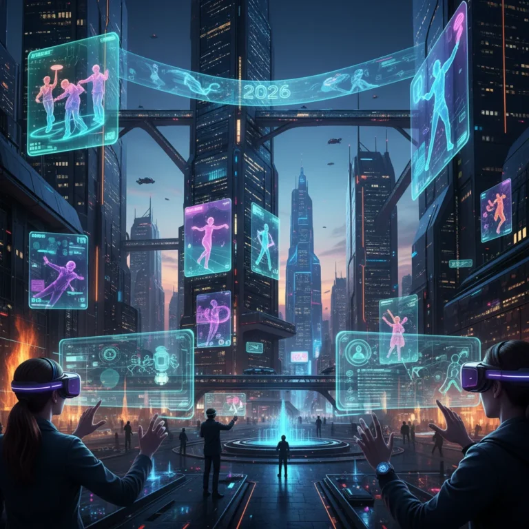 Futuristic cityscape with holographic projections and people engaging in virtual experiences in 2026.