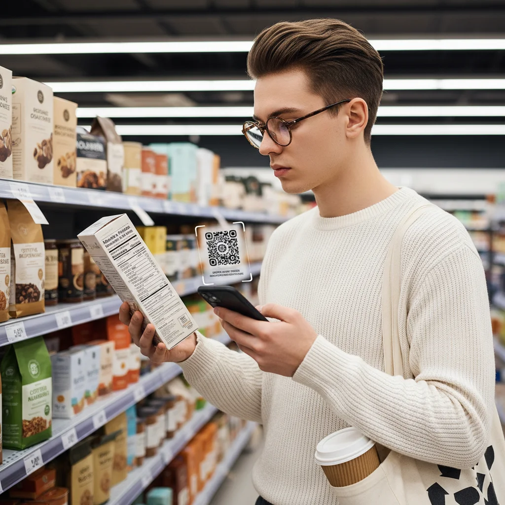 Gen Z consumer examining product labels for ethical and sustainable information.