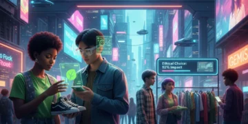 Gen Z Consumer Behavior 2026: 3 Unexpected Trends Reshaping the US Market Gen Z consumers interacting with technology and making conscious purchasing choices in a modern urban environment.