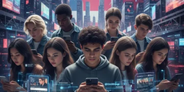 Gen Z's Digital Activism: Reshaping American Politics by 2026 Gen Z activists engaging with digital political content on various devices, symbolizing their influence on American politics.