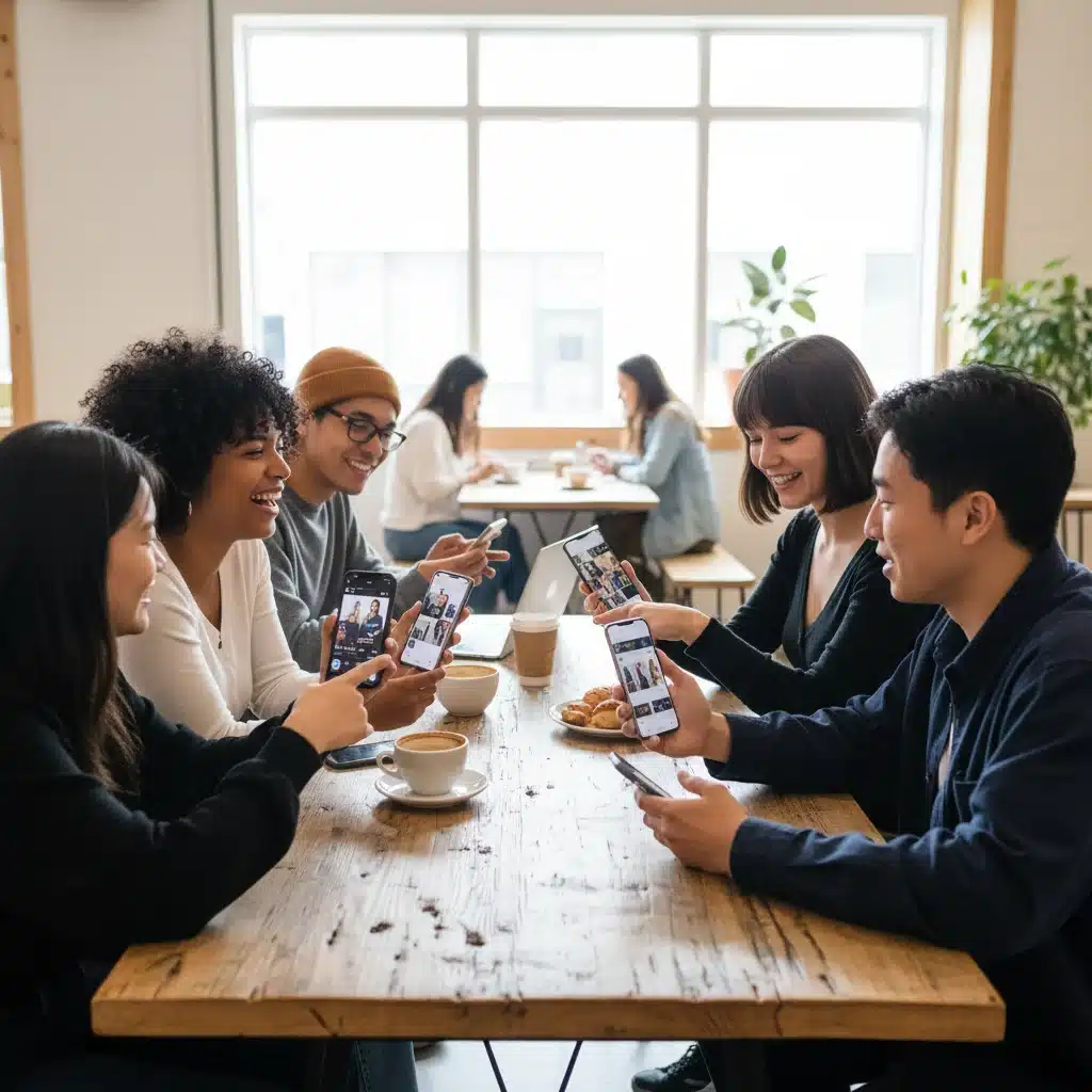 Gen Z individuals interacting with social media and online shopping on their smartphones.