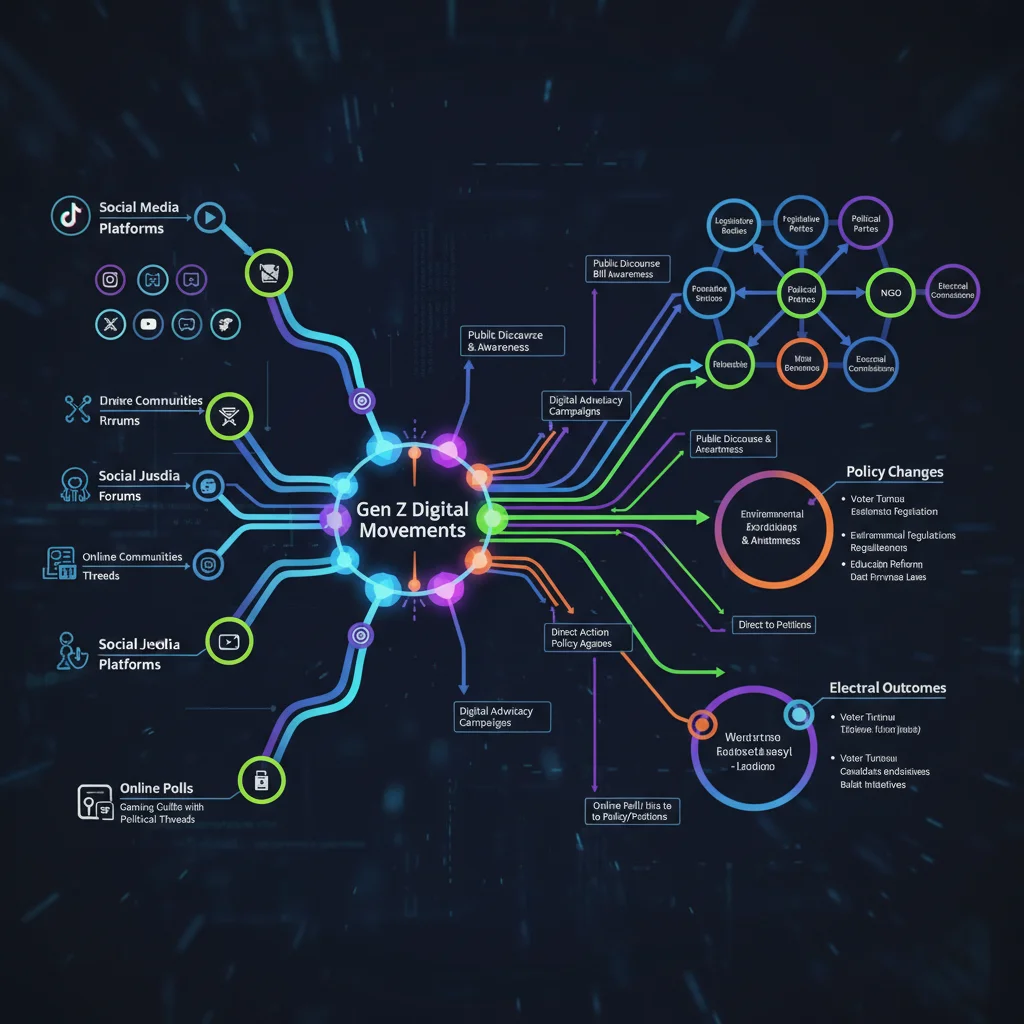 Infographic visualizing Gen Z's digital political influence and its impact on policy and elections.