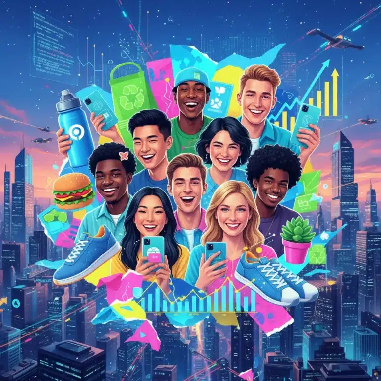Dynamic digital collage showing Gen Z's tech-driven and values-focused spending habits.