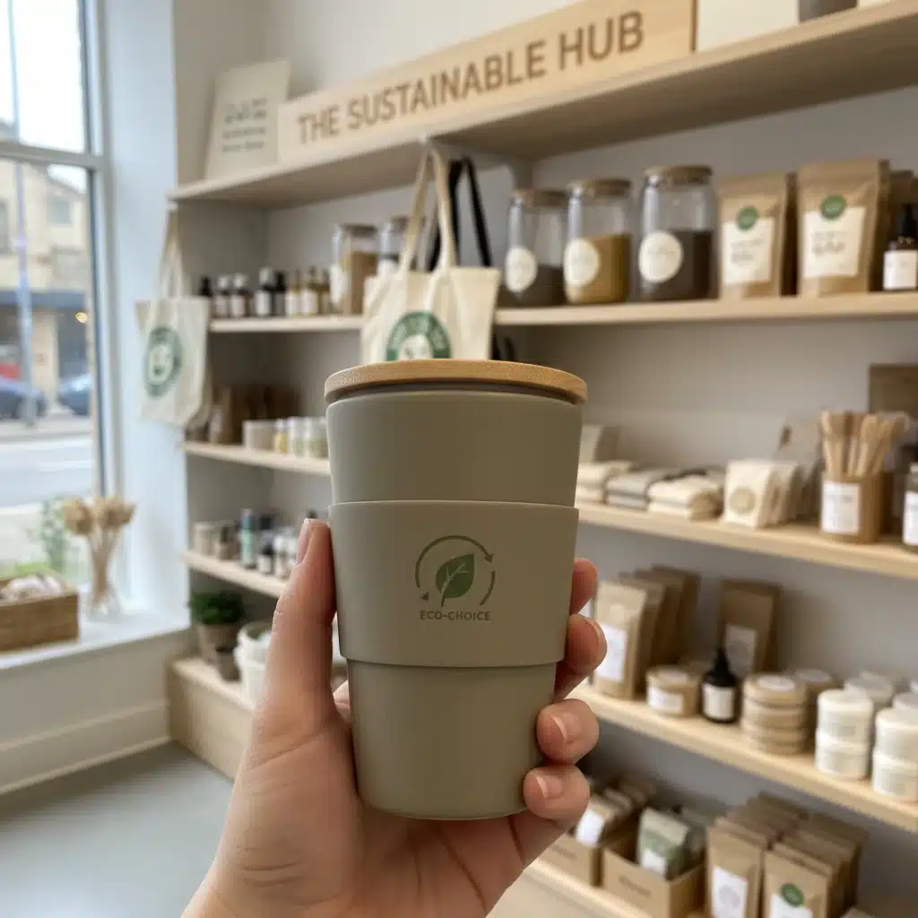 Hand holding a reusable cup in an eco-friendly store, symbolizing sustainable consumer choices.