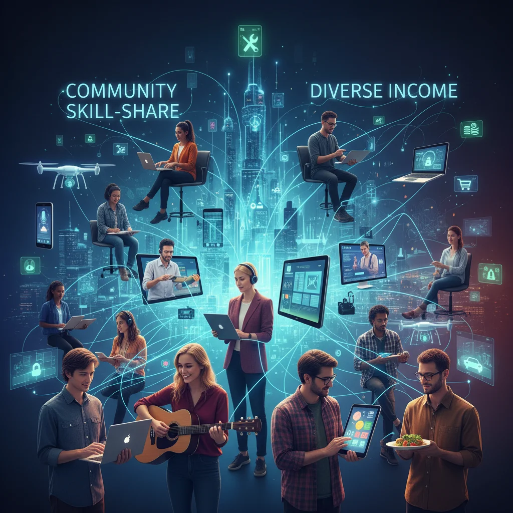 Interconnected network of professionals and digital tools, illustrating collaboration and diverse income streams in the modern gig economy.