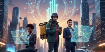 Gig Economy 2026: Financial Impact & Future Opportunities for US Workforce Diverse gig workers thriving in a futuristic urban landscape, symbolizing financial growth and opportunities in the gig economy.