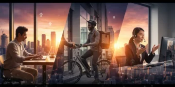 Gig Economy 2026: Financial Impact & Flexible Work Growth Diverse individuals engaged in flexible gig economy work with a city skyline background, symbolizing growth and modern employment.