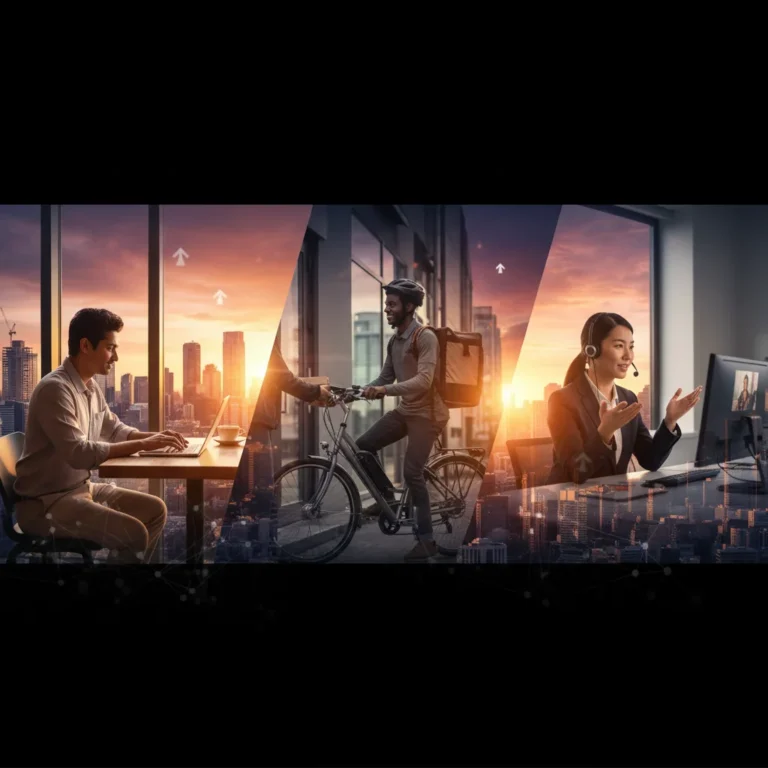 Diverse individuals engaged in flexible gig economy work with a city skyline background, symbolizing growth and modern employment.
