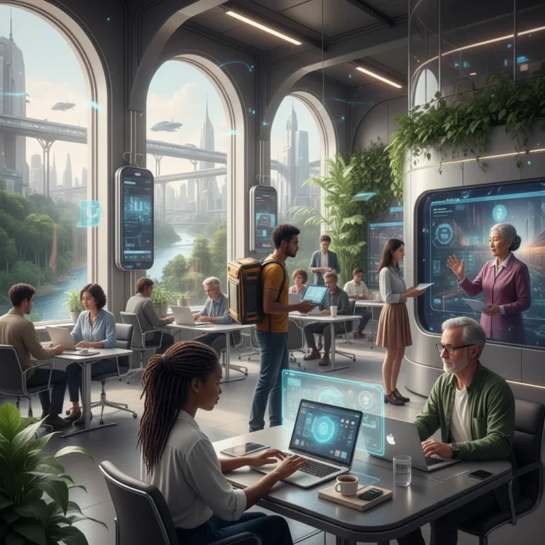 Diverse individuals working flexibly in a modern co-working space, illustrating the gig economy's reach.