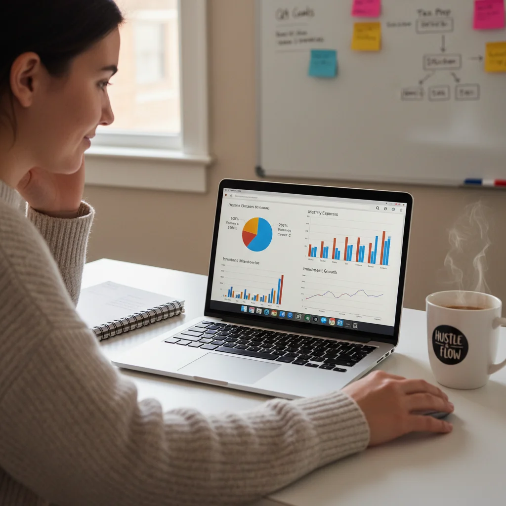Gig worker managing personal finances on a laptop, symbolizing financial planning and budgeting for independent contractors.