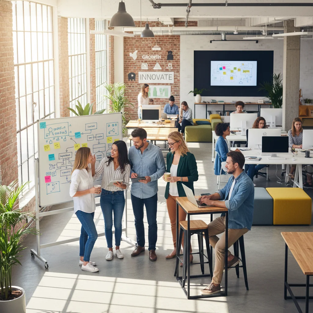 Professionals networking and collaborating in an open office, showcasing gig worker community.