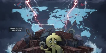 Global Economic Headwinds 2026: Key Factors Affecting US Economy Stylized representation of global economic headwinds affecting the US economy with stormy clouds, shipping containers, and a dollar sign.