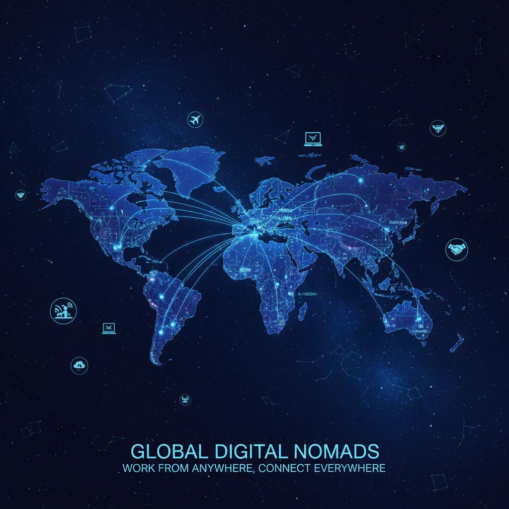Global map showing interconnected cities, symbolizing the widespread adoption of remote work and digital nomadism.