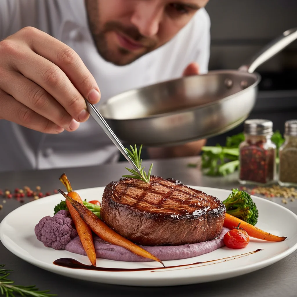 Chef plating a gourmet plant-based steak with fresh vegetables