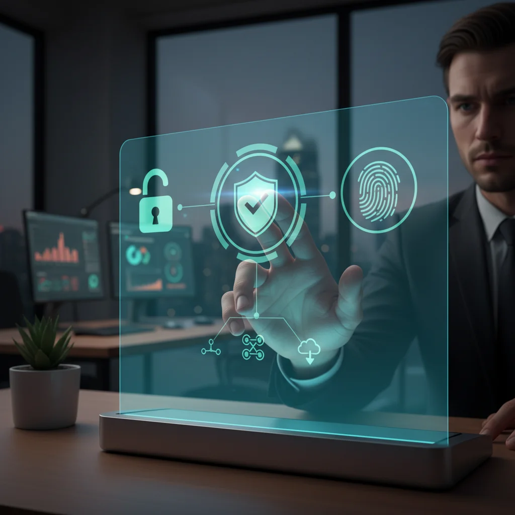 Hand interacting with holographic security interface, demonstrating advanced digital identity protection