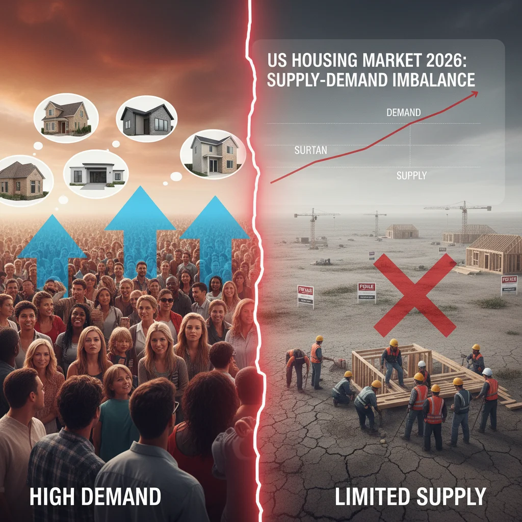 Housing supply and demand imbalance affecting 2026 US real estate.