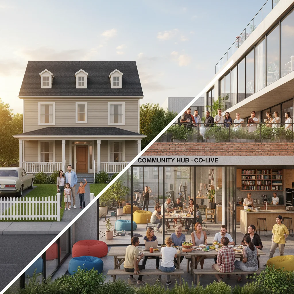 Contrast between traditional suburban home and modern co-living space, illustrating housing trend changes.