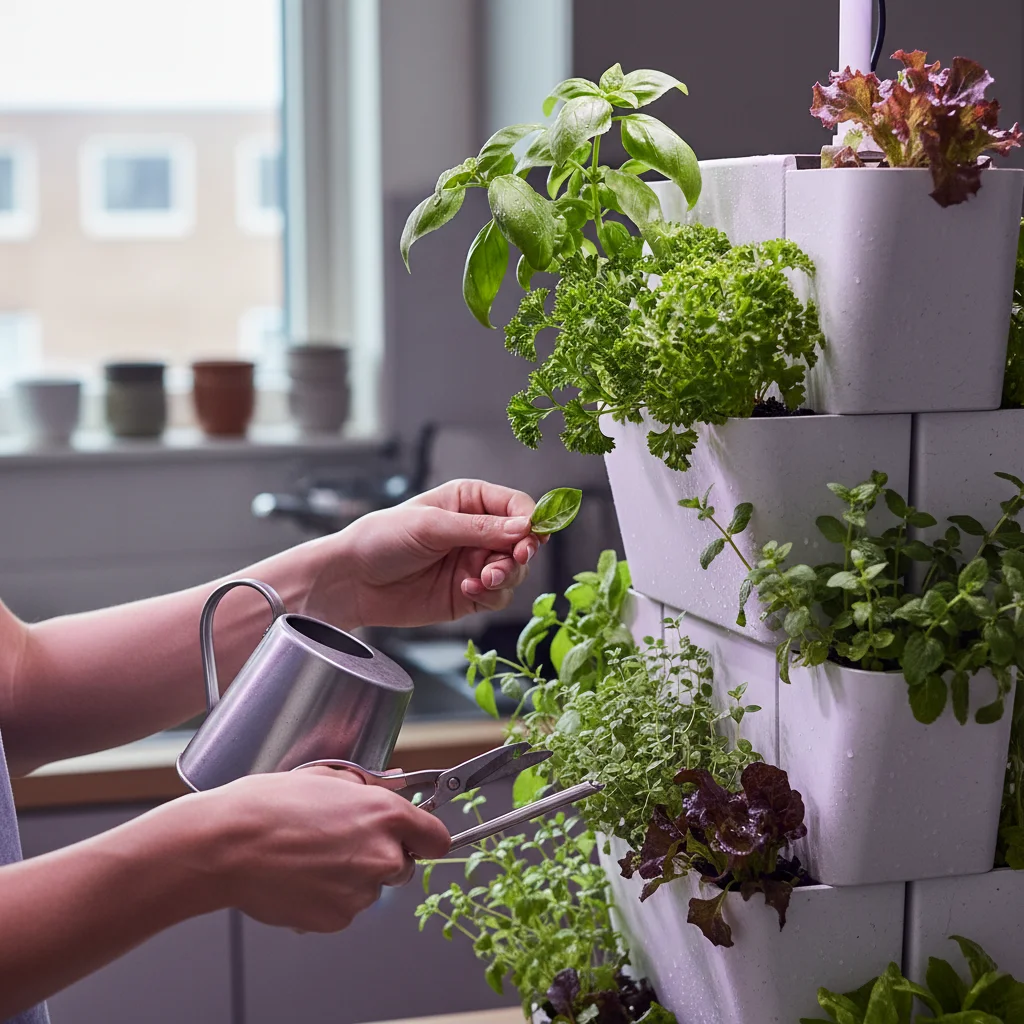 Hands tending to an indoor vertical garden, representing hyper-local food production